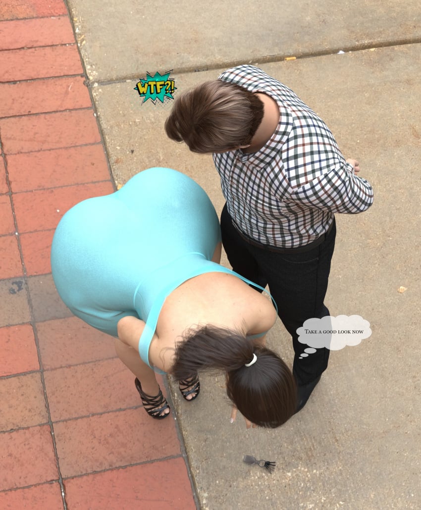 ass ass_awe ass_in_dress bent_over blue_dress brown_hair clothing duo enormous_ass female high_heels huge_ass male ponytail rev2019 showing_off showing_off_ass smug staring staring_at_ass teasing_with_butt tight_dress wide_ass wide_hips