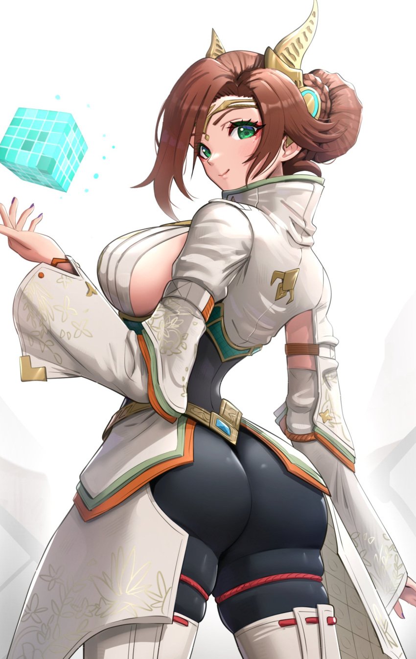 1girls absurd_res alexandria_(xenoblade) ass ass_focus big_ass black_legwear boots breasts brown_hair bubble_butt butt cleavage dat_ass eyeliner female female_only french_braid from_behind gonzarez green_eyes hairbun highres hourglass_figure kimono large_ass large_breasts legwear long_hair long_sleeves looking_at_viewer monolith_soft nintendo pantyhose red_eyeliner simple_background skin_tight smile thick_ass thick_thighs thigh_boots thighhighs thighs voluptuous white_boots white_kimono white_thighhighs wide_hips xenoblade_(series) xenoblade_chronicles_3