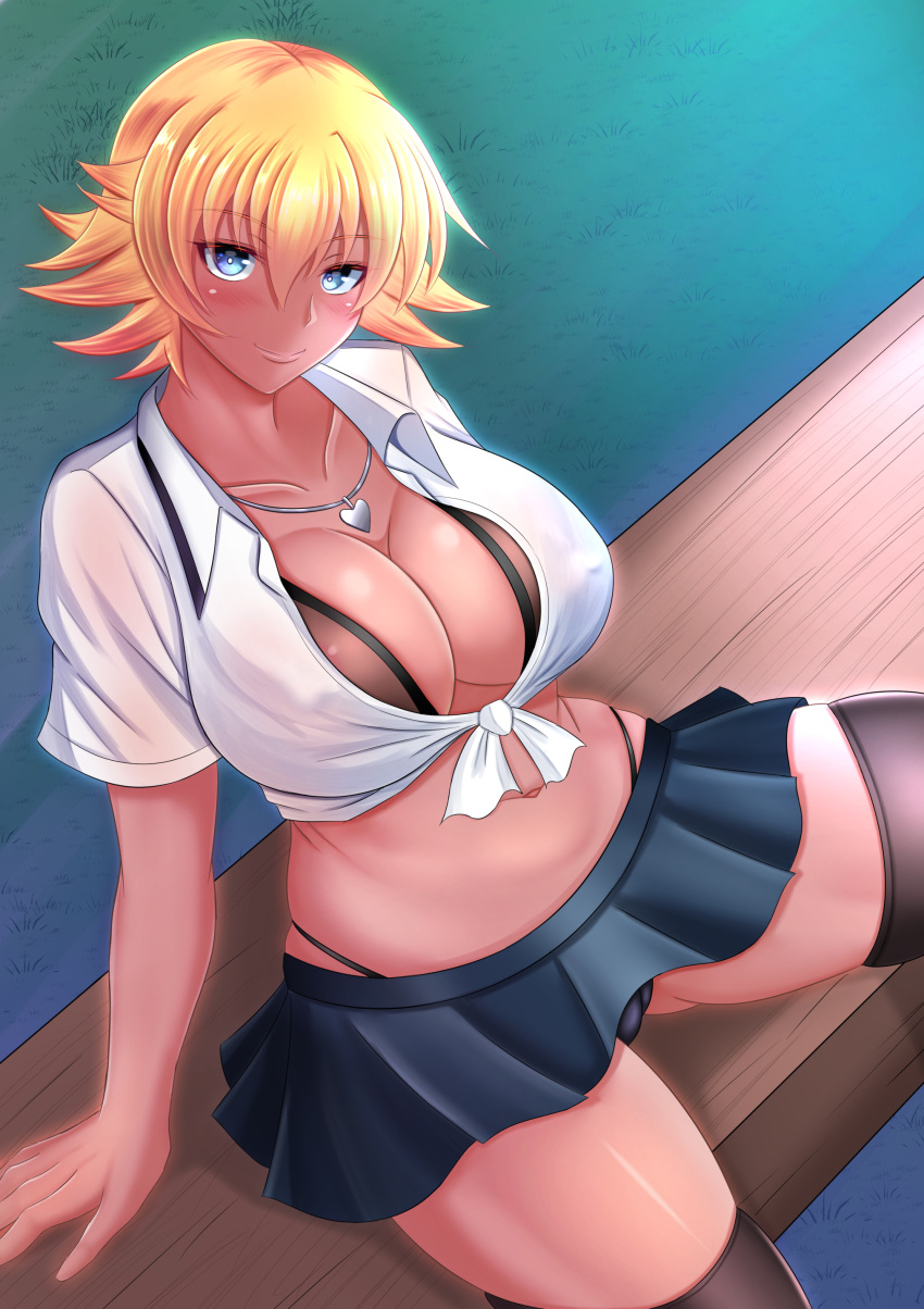 1girls american_school ass_visible_through_thighs belly blonde_hair bra_cups_sticking_out cleavage female front-tie_top gyaru heart_necklace igawa_sakura kanna_(artist) large_breasts midriff miniskirt outdoors seductive short_hair sitting sitting_on_bench skimpy_clothes slutty_outfit solo_female stockings taimanin_asagi tanned_female tanned_skin thong thong_above_skirt thong_straps tied_shirt white_shirt