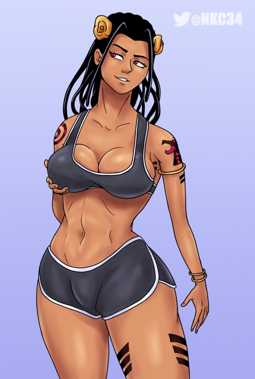 1boy androgynous arm_tattoo armlet big_breasts black_hair booty_shorts bracelet breasts cleavage cowboy_shot crossdressing curvy dark-skinned_male dark_skin dragona_joestar dreadlocks femboy flower_in_hair girly grabbing_own_breast human jojo's_bizarre_adventure large_breasts long_hair male māhū nutkingcall shorts shounen_jump simple_background solo sports_bra tagme tattoo the_jojolands thick_thighs toned trap wide_hips