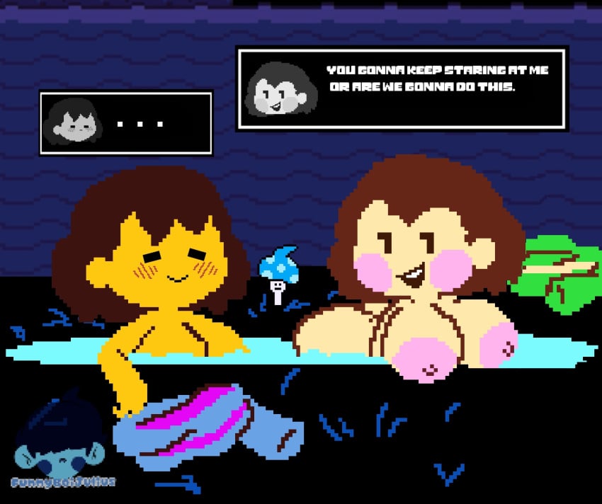 2d 2girls big_breasts breasts chara color completely_nude completely_nude_female dialogue edit english english_dialogue english_text female female_only frisk funnyboijulius human human_female human_only mob_face nipples no_outlines nude nude_female pixel_art seductive tagme talking talking_to_viewer text third-party_edit undertale undertale_(series) yuri