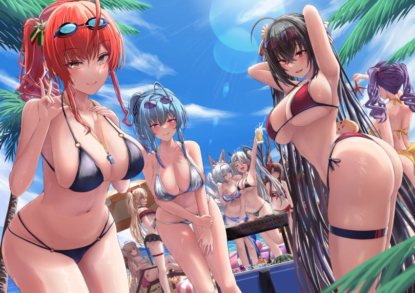 6+girls :q admiral_hipper_(azur_lane) ahoge akagi_(azur_lane) animal animal_ears arm_around_neck armpits arms_up ass azur_lane bangs beach bikini blue_sky blush breasts cleavage closed_eyes cooler crossed_bangs curly_hair curvy day drink eyewear_on_head facing_away fish formidable_(azur_lane) fox_ears grill halterneck highres holding holding_animal holding_drink holding_fish huge_ahoge kaga_(azur_lane) large_breasts lens_flare looking_at_another looking_at_viewer micro_bikini multi-strapped_bikini multiple_girls o-ring o-ring_bikini open_mouth orange_eyes orange_hair outdoors pola_(azur_lane) pola_(seaside_coincidence)_(azur_lane) prinz_eugen_(azur_lane) purple_hair red_hair ringlets side-tie_bikini_bottom side_ponytail silver_bullet_(ecc12_8) sitting sky smile st._louis_(azur_lane) starfish string_bikini swimsuit taihou_(azur_lane) thigh_strap tongue tongue_out twintails twisted_torso wide_hips zara_(azur_lane) zara_(poolside_coincidence)_(azur_lane)