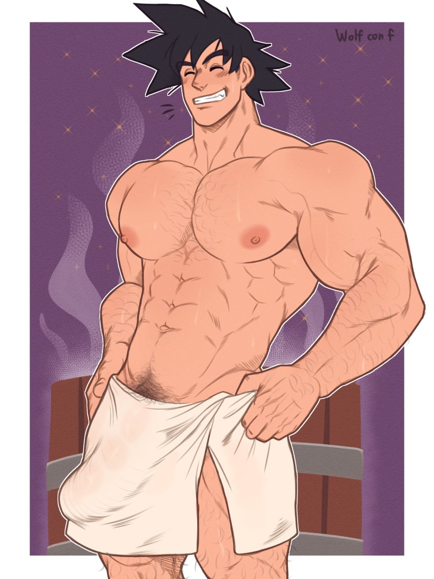 1boy abs artist_name bara beefy big_penis black_hair body_hair boner bulge chest_hair closed_eyes dragon_ball dragon_ball_z erection gay human male male_nipples male_only male_pubic_hair manly muscles muscular_male no_visible_genitalia pecs penis_bulge saiyan smiling solo son_goku spiky_hair sweaty towel towel_around_waist wolf_con_f