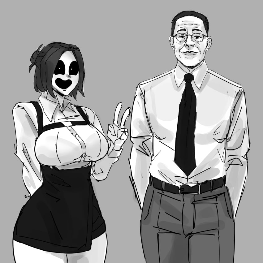 aiko_(paeder69) better_call_saul big_breasts big_thighs breaking_bad breasts color colored glasses gustavo_fring paeder69 see-through see-through_clothing see-through_shirt see-through_top skirt smile smiling thighs tie white_shirt