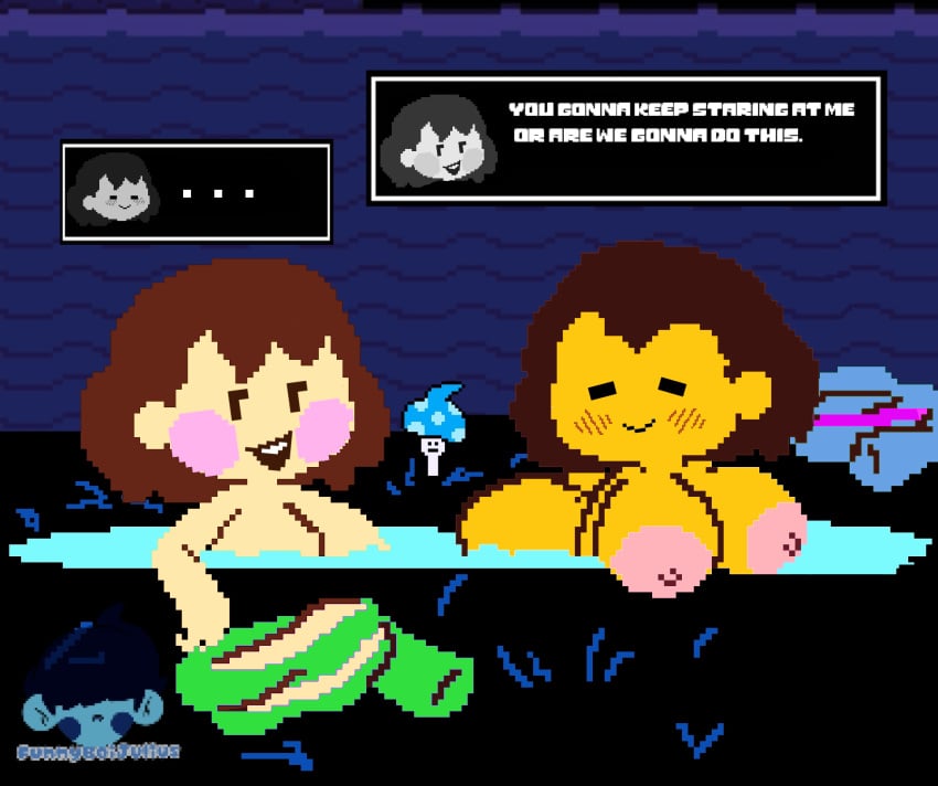 2d 2girls big_breasts breasts chara color completely_nude completely_nude_female dialogue edit edited english english_dialogue english_text female female_only frisk funnyboijulius human human_female human_only mob_face nipples no_outlines nude nude_female pixel_art seductive tagme talking talking_to_viewer text third-party_edit undertale undertale_(series) yuri