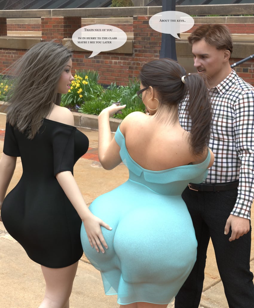 1boy 2girls 2girls1boy ass ass_grab ass_grope bottom_heavy clothing dark_hair dialogue female glasses groping_ass hand_on_another's_ass hoop_earrings huge_ass long_hair male ponytail rev2019 trio wide_ass wide_hips