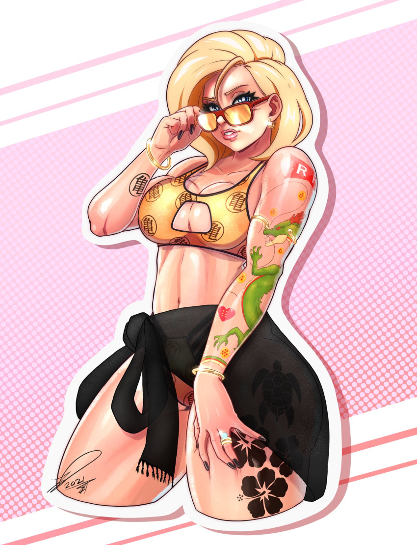 1girls adjusting_eyewear adjusting_glasses adjusting_sunglasses alternate_version_at_source alternate_version_available android_18 ass athletic_female big_ass big_breasts bikini blonde_hair blue_eyes blue_sky breasts dragon_ball dragon_ball_super dragon_ball_xenoverse dragon_ball_z kooj_artz large_breasts looking_over_eyewear looking_over_glasses looking_over_sunglasses milf mother muscular orange-tinted_eyewear skirt solo solo_female sunglasses swimsuit tagme tattoo tattoos tinted_eyewear toned_female trendy_bikini