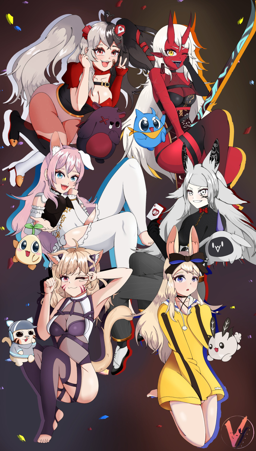 akumi blonde_hair blue_eyes bunny_ears cat_ears catgirl dog_ears dog_girl dya_rikku_(vtuber) female fox_ears long_hair mixed_hair_color momotexx_(vtuber) oni oni_horns pink_hair red_eyes red_skin squchan_(vtuber) twintails virtual_youtuber vyugen white_hair yellow_eyes yenko yuniiho_(character)