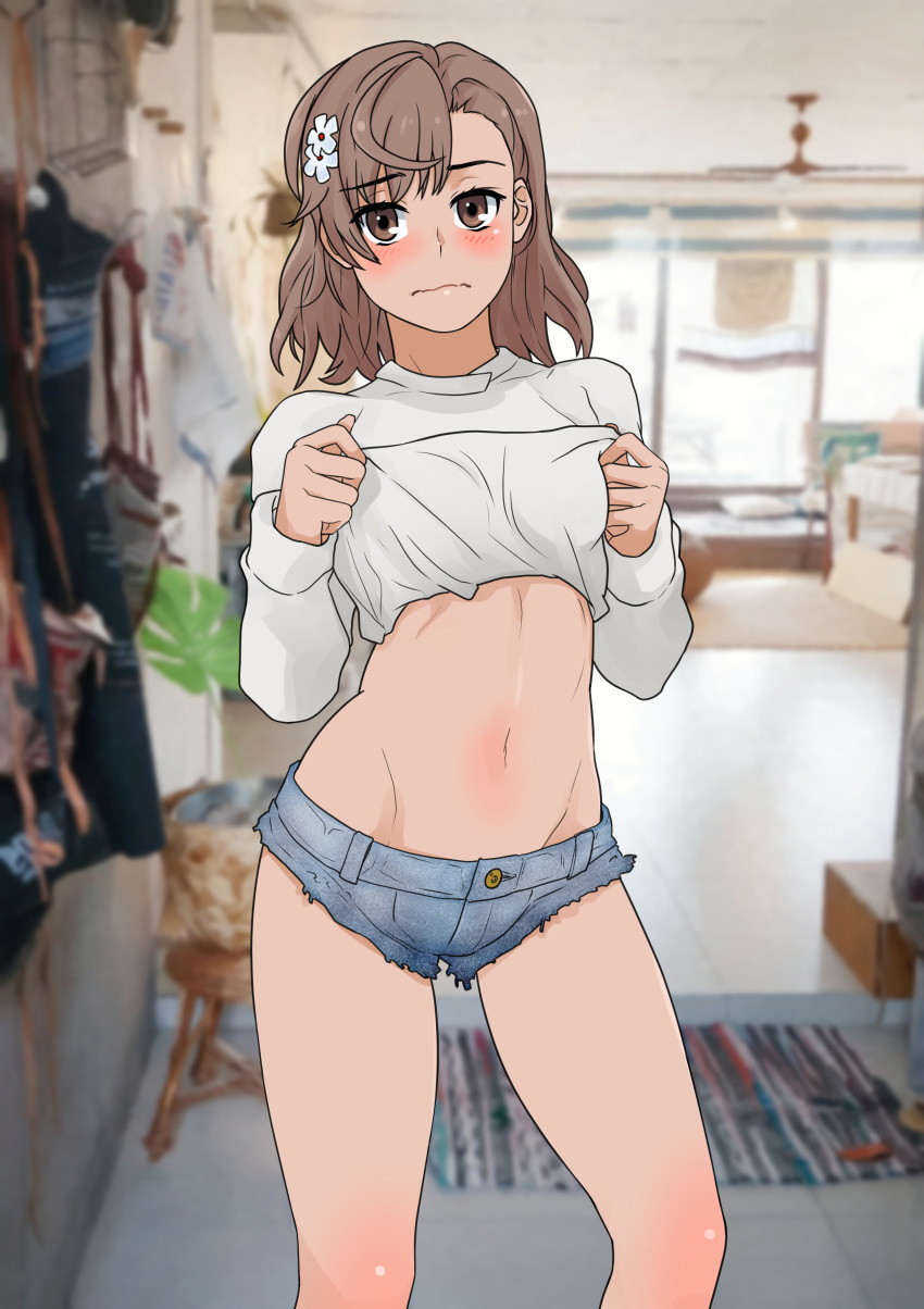 1girls 2020 2020s absurd_res bare_legs blurry blurry_background blush brown_eyes brown_hair brunette casual ceiling_fan cheese_cat_(artist) clothed clothed_female clothes_lift denim denim_shorts embarrassed feet_out_of_frame female flower frown hair_flower hair_ornament hi_res leaf lifted_by_self looking_at_viewer matching_hair/eyes midriff misaka_mikoto navel photo_background rug shirt_lift short_shorts shorts solo standing stool thighs to_aru_kagaku_no_railgun to_aru_majutsu_no_index wavy_hair window