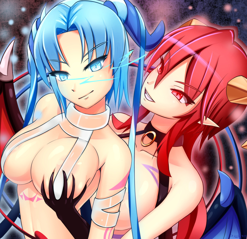 areolae astaroth_(mon-musu_quest!) blue_eyes blue_hair breasts demon demon_horns demon_tail demon_wings female female_only glowing glowing_eyes huge_breasts mon-musu_quest! monster_girl monster_girl_(genre) monster_girl_quest monster_girl_quest_paradox morrigan_(mon-musu_quest!) nipples_visible_through_clothing pudding300 red_eyes red_hair see-through see-through_clothing sisters succubi succubus succubus_horns succubus_tail succubus_wings tagme tattoo touching_breast transparent_clothing yuri