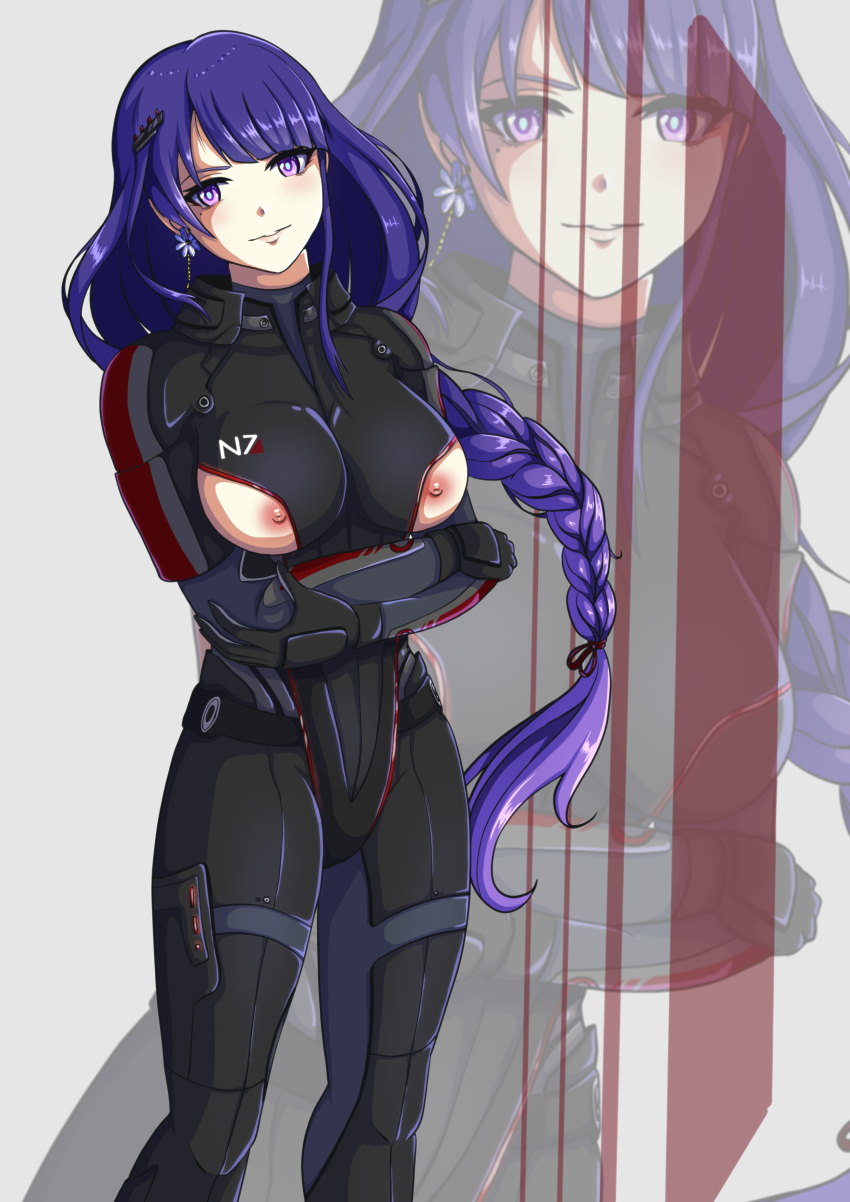 breasts commander_shepard_(cosplay) crossover dropdeadcake genshin_impact mass_effect n7_armor nipples purple_eyes purple_hair raiden_shogun tight_clothing tight_fit