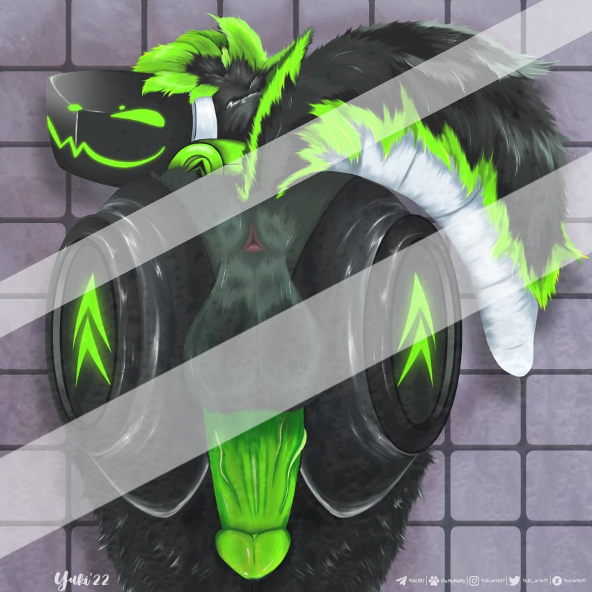 absurd_res anthro anus aspekt_(protogen) ass balls black_body black_fur fur genitals green_balls green_body green_butt green_fur green_hair green_penis hair hi_res machine male penis presenting presenting_anus protogen shower solo tail white_tail yukiarts17