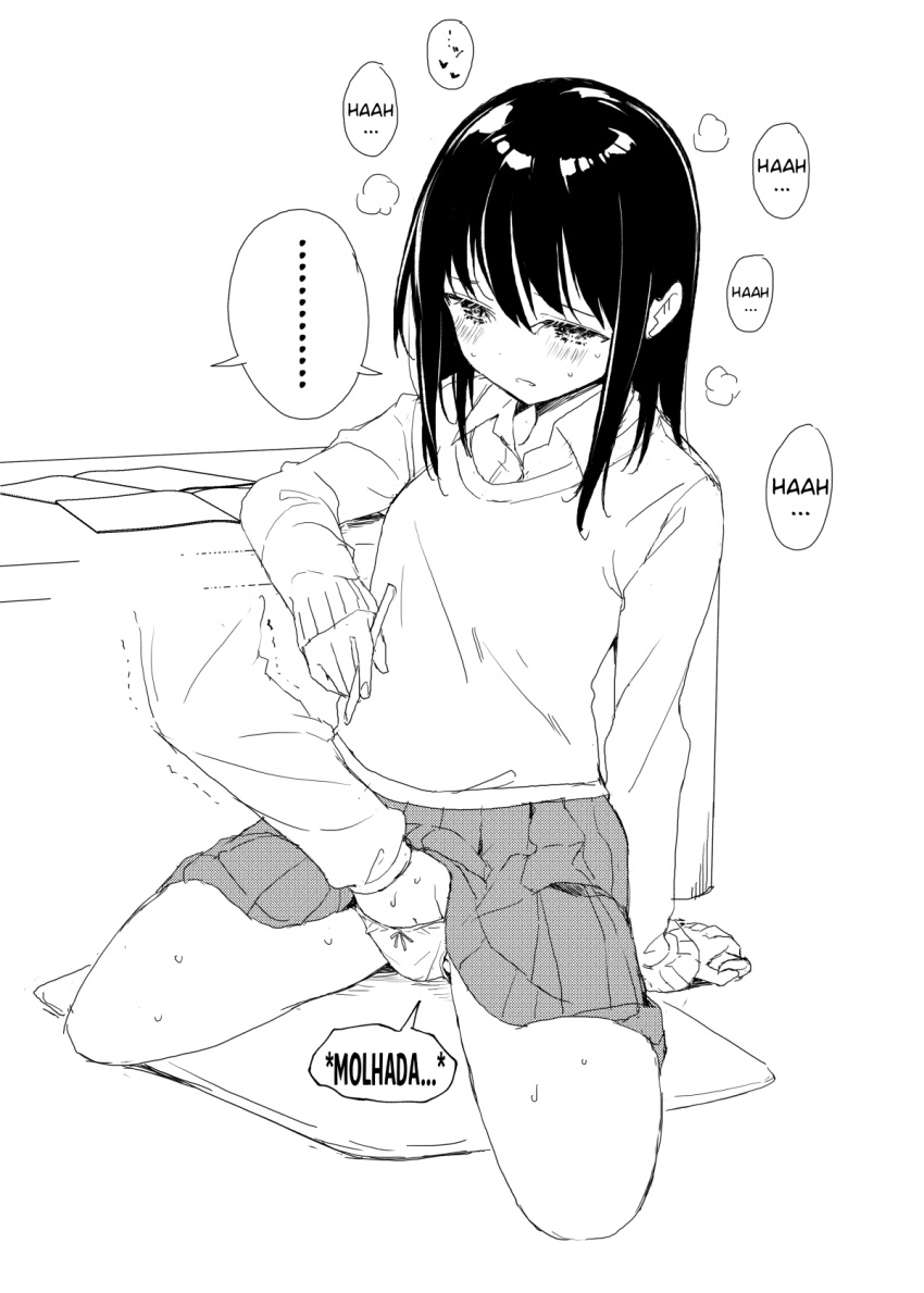 female greyscale hand_in_panties hard_translated hard_translated_(non-english) highres long_hair monochrome non-web_source panties portuguese_text suzuki_nago tagme third-party_edit underwear