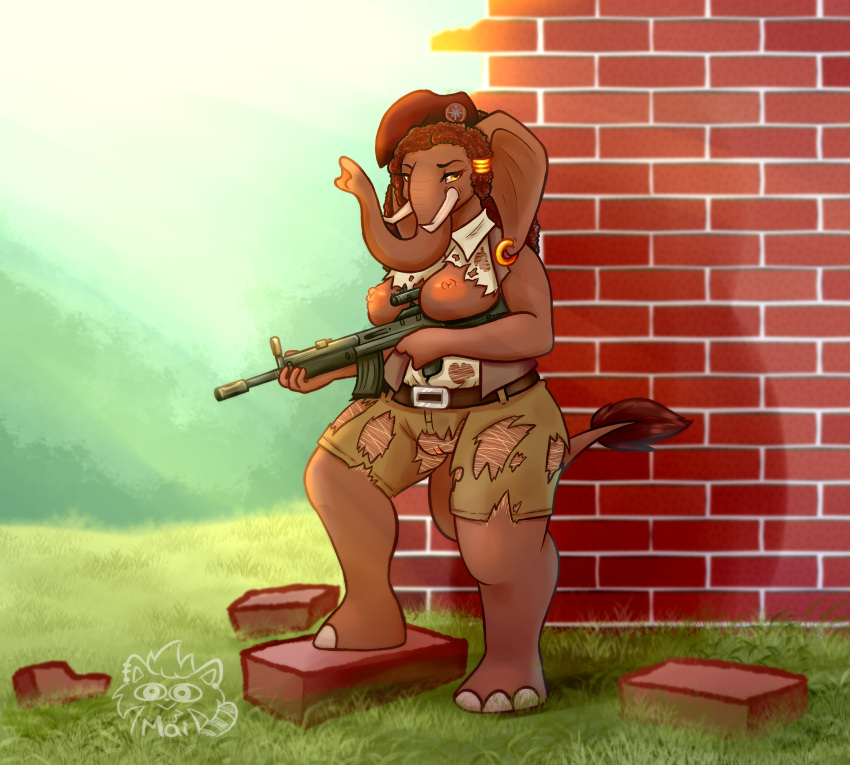 absurd_res against_surface against_wall anthro breasts brown_body chubby_female clothed clothing elephant elephantid female genitals gun hi_res mailoshy mammal military outside proboscidean pussy ranged_weapon rifle slightly_chubby solo weapon