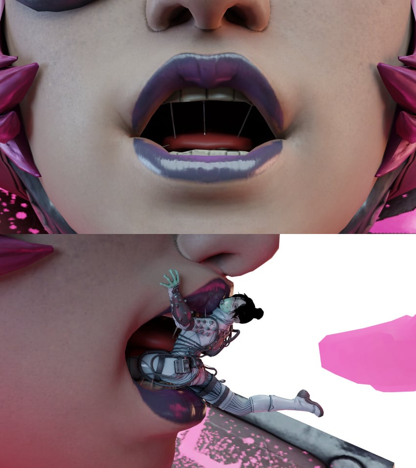 3d apex_legends apex_vore eye_patch giantess mawshot oral_vore pink_hair pov pov_vore saliva_string voiddrifter vore wattson_(apex_legends) wraith_(apex_legends)