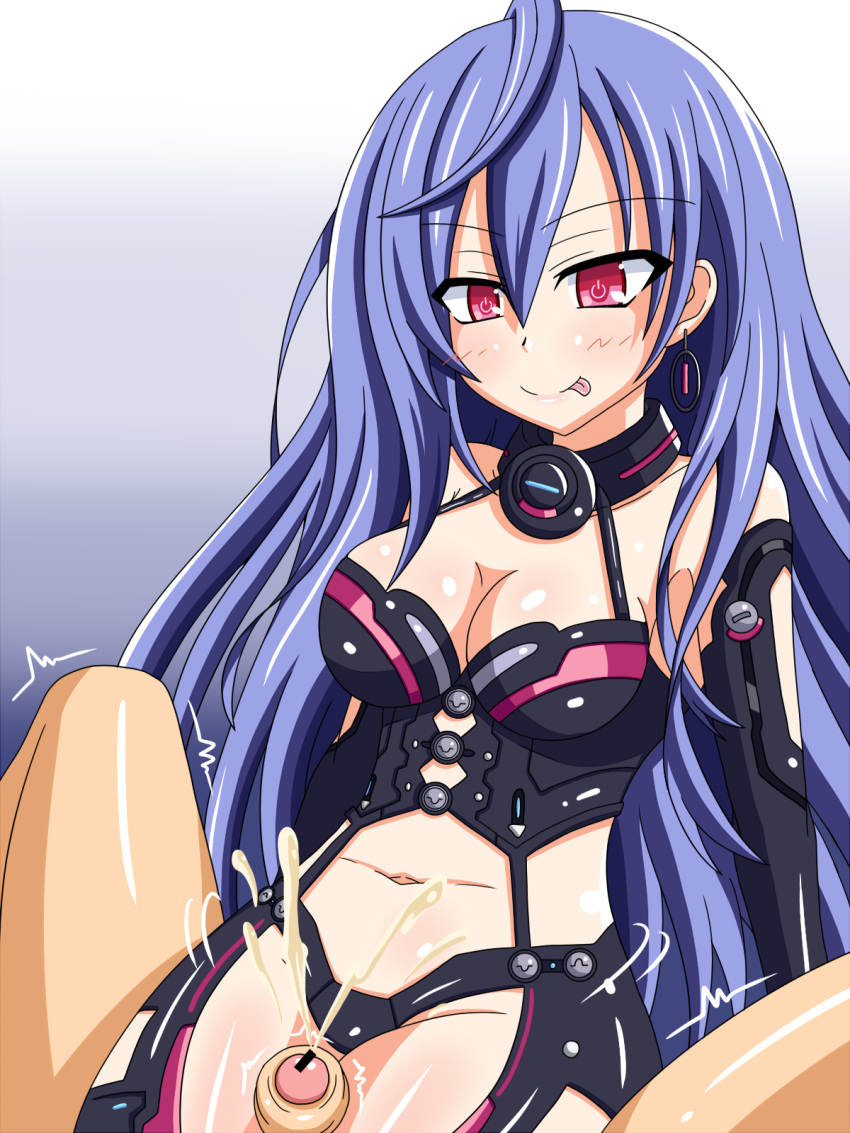 1boy 1girls bar_censor bare_midriff bare_shoulders bare_thighs black_gloves bodysuit breasts chagama_(tyagama0927) cleavage closed_mouth clothed_female_nude_male cpu_(neptunia) cum detached_collar ejaculation ejaculation_between_thighs elbow_gloves female_focus female_on_top femdom foreskin goddess iris_heart light-skinned_female light-skinned_male light_skin lilac_hair neptunia_(series) penis pink_eyes plutia power_symbol-shaped_pupils purple_hair sitting smile thigh_sex tongue_out very_long_hair