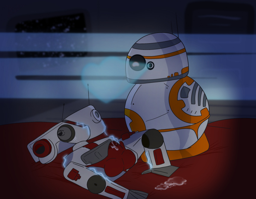 after_sex balls bb-8 bd-1 bed bodily_fluids bulge cum droid electricity furniture genital_fluids genitals heart hi_res hologram machine male male/male penis peterheat robot space star_wars