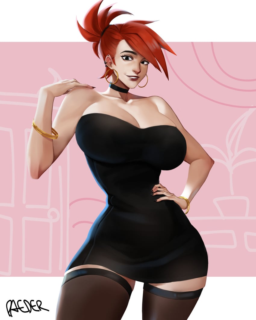 big_breasts big_thighs black_dress breasts choker dress earrings fishnet fishnet_legwear fishnets foster's_home_for_imaginary_friends frankie_foster gold_jewelry jewelry paeder69 red_hair smile smiling solo solo_female thighhighs thighs toned toned_female