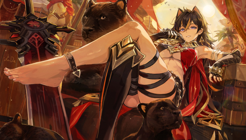 1girls animal animal_ears anklet armpits bare_legs bare_shoulders barefoot black_panther blue_eyes breasts brown_hair brown_skin cleavage covered_nipples crossed_legs dark-skinned_female dark_skin dehya_(genshin_impact) elbow_gloves feet female fingerless_gloves full_body genshin_impact gold_(metal) gold_jewelry halterneck jewelry large_breasts legs neck_ring painted_nails panther revealing_clothes sitting solo sword thighhighs thighs toes underboob xude