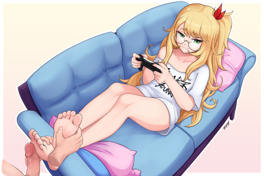 1boy 1girls bare_legs barefoot black_nails blonde_hair controller couch disembodied_limb feet female foot_focus footjob freezer_(frzr/efreezerarts) game_controller gamepad glasses green_eyes highres indie_virtual_youtuber light-skinned_female light-skinned_male light_skin long_hair nail_polish no_pants on_couch penis reclining shirt short_sleeves simple_background single_bare_shoulder soles solo_focus straight t-shirt toes virtual_youtuber white_shirt