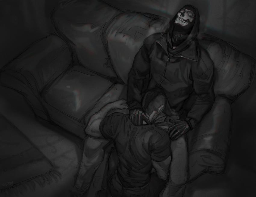 2boys absurdres bara blowjob call_of_duty call_of_duty:_modern_warfare_2 couch eyes_rolling_back fellatio gay gay_blowjob ghost_(modern_warfare_2) gloves highres hood hood_up hoodie jacket john_mactavish kneeling male_focus mask masked masked_male monochrome multiple_boys netcrow98 open_pants oral pants rolling_eyes shirt short_hair sidecut simon_riley sitting skull_mask soap_(modern_warfare_2) yaoi