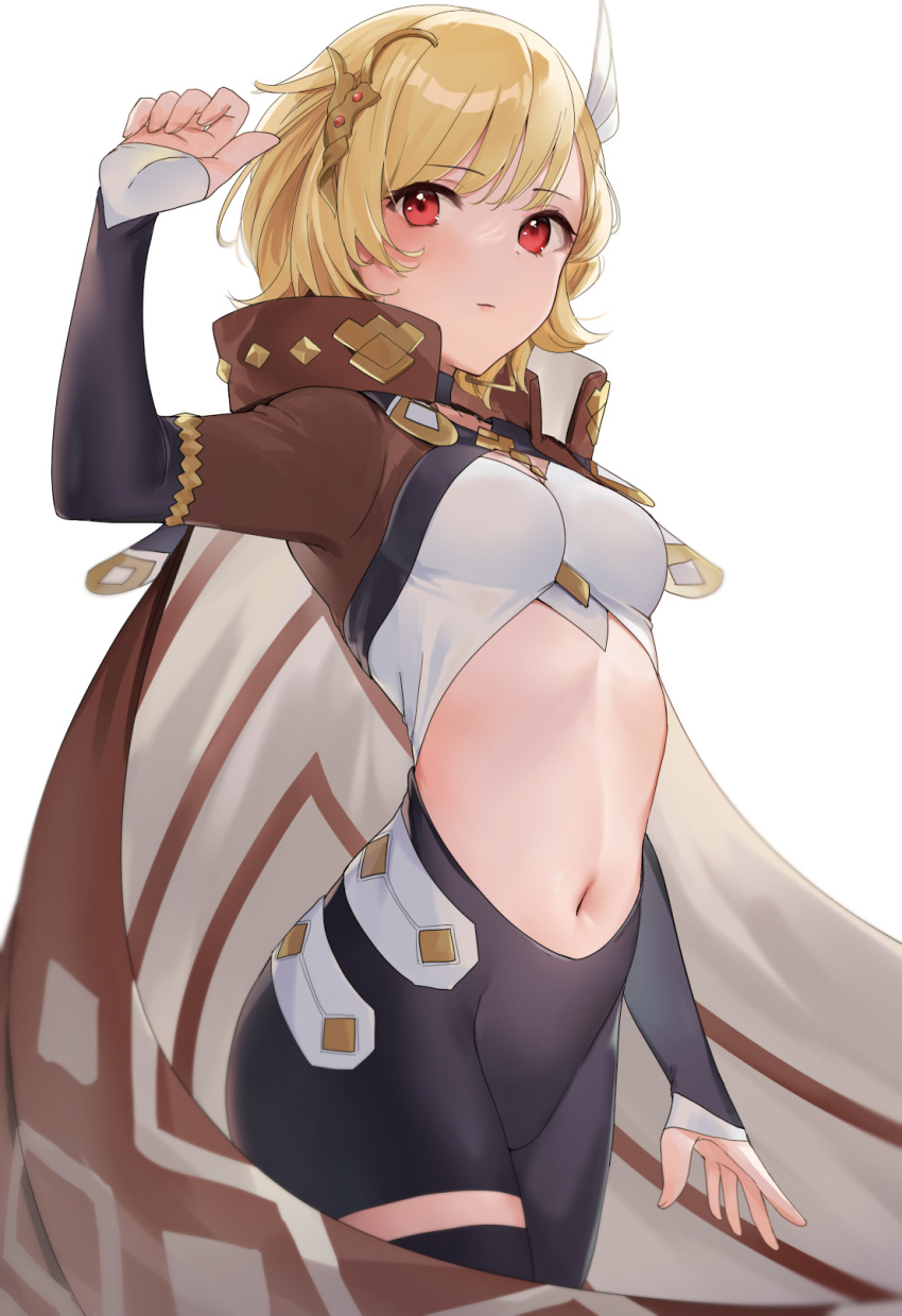 1girls asymmetrical_legwear bangs blonde_hair breasts cape citrinne_(fire_emblem) fire_emblem fire_emblem_engage haru_(nakajou-28) highres looking_at_viewer medium_breasts midriff mismatched_legwear navel nintendo official_alternate_costume red_eyes royalty sage_outfit_(fire_emblem_engage) short_hair simple_background solo swept_bangs tee teenage_girl teenager wavy_hair white_background