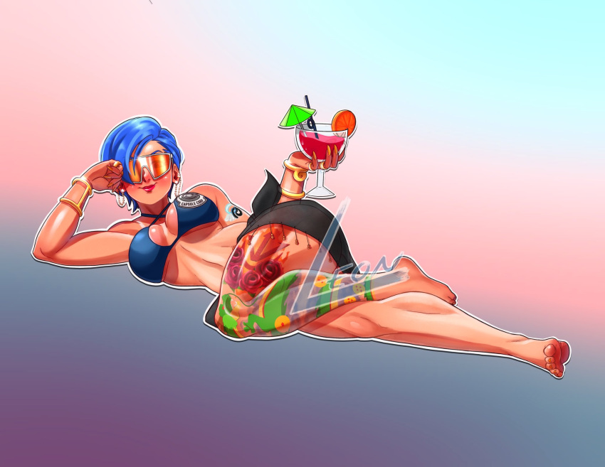 1girls ass big_ass big_breasts bikini blue_hair breasts bulma_briefs dragon_ball dragon_ball_super dragon_ball_z drink kooj_artz large_breasts milf mother orange-tinted_eyewear sunglasses swimsuit tagme tattoo tattoo_on_leg tattoos thick_thighs tinted_eyewear trendy_bikini