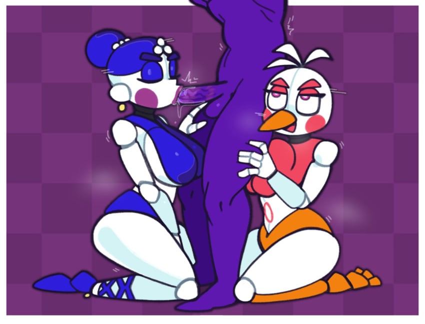 animatronic anthro avian ballora ballora_(fnafsl) balls beak big_breasts bird blowjob blue_bottomwear blue_clothing blue_eyeshadow blue_footwear blue_hair blue_shoes blue_topwear bottomwear breasts checkered_background chicken closed_eyes clothing crown crushtrap ear_piercing eyelashes eyeshadow fellatio female five_nights_at_freddy's five_nights_at_freddy's:_sister_location footwear freddy_fazbear's_pizzeria_simulator funtime_chica_(fnaf) galliform gallus_(genus) genitals group hair head_feathers head_tuft headgear huge_breasts human humanoid kneeling_oral_position lipstick lipstick_mark lipstick_marks lipstick_on_penis lipstick_ring machine makeup male male/female mammal oral oral_sex orange_bottomwear orange_clothing pattern_background penile penis phasianid piercing pink_clothing pink_eyes pink_eyeshadow pink_topwear purple_background purple_body purple_guy_(fnaf) purple_lipstick robot robot_humanoid rosy_cheeks scottgames sex shoes simple_background sister_location steam thick_thighs tiara topwear trio tuft white_body wide_hips