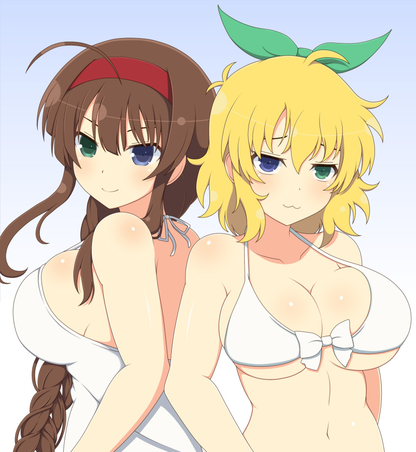 2girls :3 ahoge bikini blue_eyes braided_hair brown_hair cleavage collarbone dress duo female female_only front-tie_bikini front_view gradient_background green_eyes hair_ribbon hairband heterochromia ichiryuu_tsumiki large_breasts light-skinned_female light_skin looking_at_viewer medium_hair messy_hair midriff ribbon ryoubi_(senran_kagura) ryouna_(senran_kagura) senran_kagura sideboob sidelocks simple_background sisters skindentation smile standing very_long_hair white_dress yellow_hair