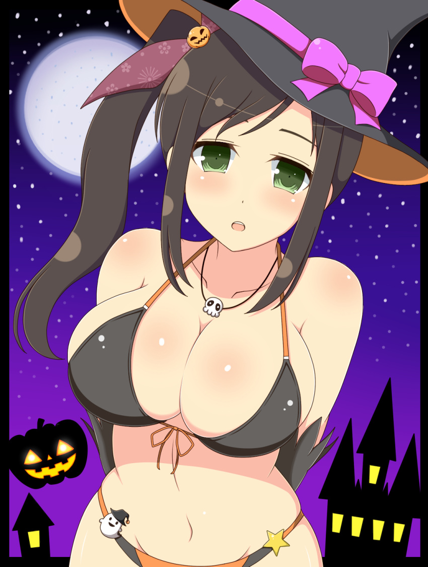 1girls arms_behind_back bikini brown_hair castle cleavage collarbone female front-tie_bikini front_view ghost green_eyes hair_ornament halloween halloween_costume hat ichiryuu_tsumiki jack-o'-lantern large_breasts light-skinned_female light_skin long_hair looking_at_viewer moon murakumo_(senran_kagura) navel necklace night open_mouth ribbon senran_kagura side_ponytail skull solo stars witch_hat