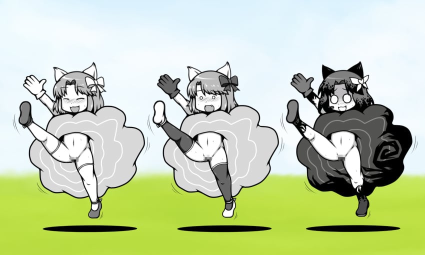 blush can_can_dance cat_ears catgirl censored contrasting_attitudes crazed_moneko crazed_moneko_(the_battle_cats) happy moneko_(the_battle_cats) neneko nyanko_daisensou pussy scared the_battle_cats thighhighs yagen_sasami