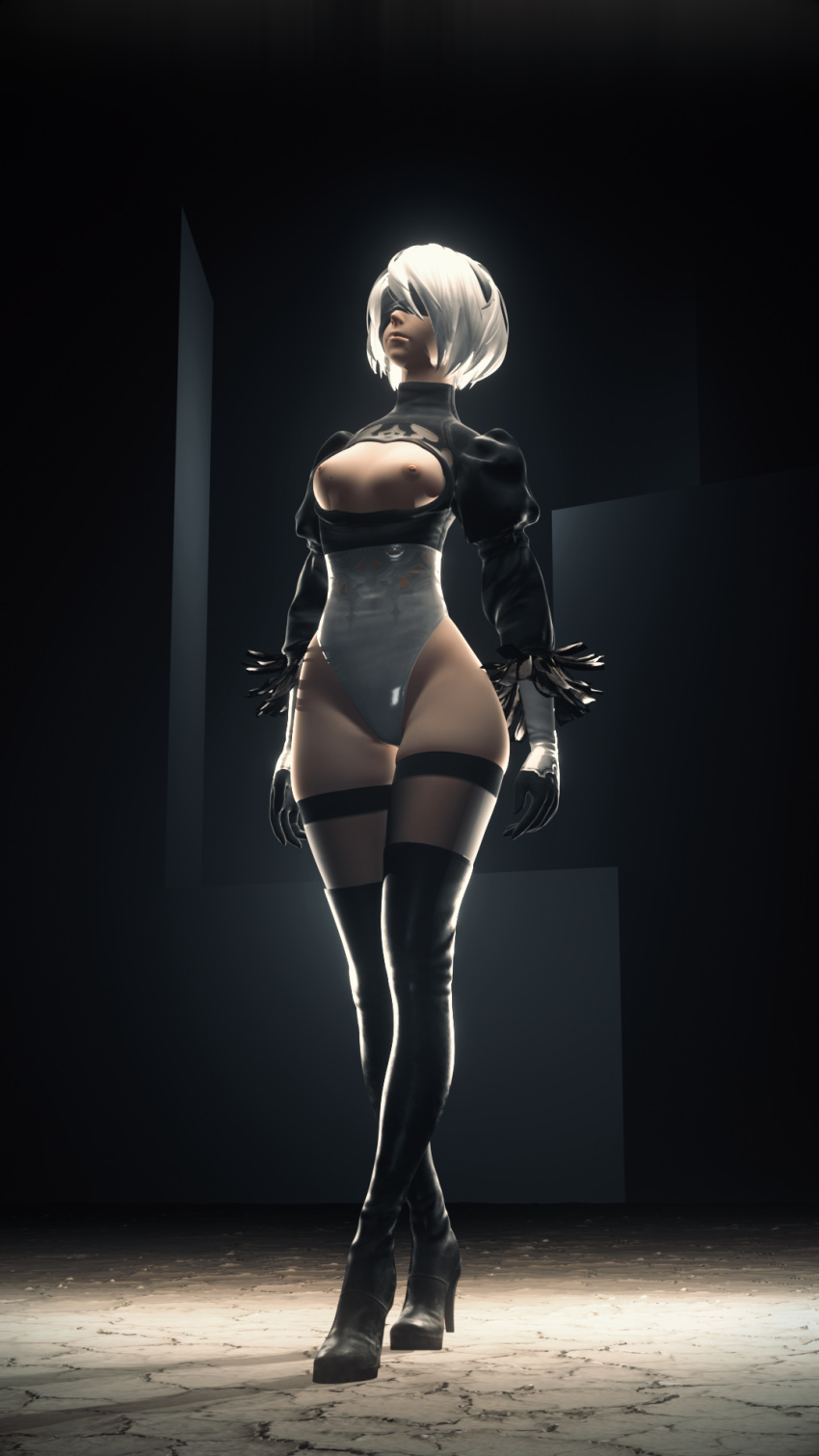 1girls 3d android blindfold boob_window boots breasts female leather_boots legs nier nier:_automata nipples ochuu thighhighs thighs white_hair yorha_2b