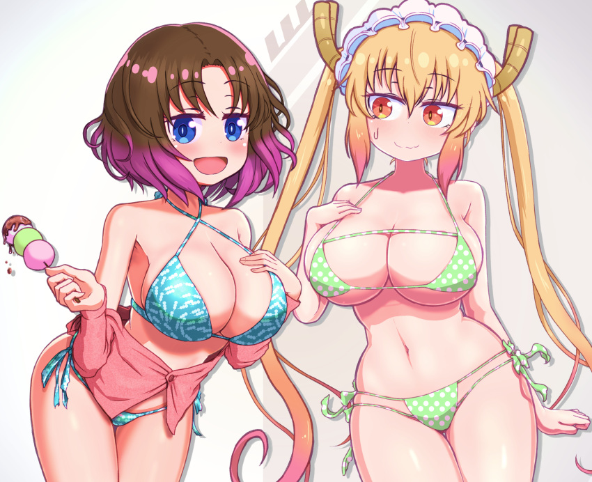 2girls big_breasts bikini blonde_hair blue_eyes brown_hair cleavage dango duo elma_(dragon_maid) female female_only horns light-skinned_female maid_headdress miss_kobayashi's_dragon_maid orange_hair ozrereresan purple_hair short_hair swimsuit tohru_(dragon_maid) two-tone_hair