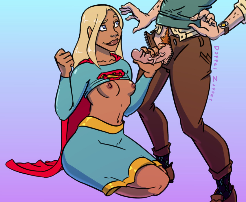 1boy1girl blonde_hair blowjob blue_eyes breasts breasts_out dapperzapper dc dc_comics exposed_breasts exposed_penis holding_penis jimmy_olsen kara_danvers kara_zor-el kneeling male/female nipples penis penis_out pubic_hair sex shirt_up supergirl supergirl_(series) superheroine superman_(series) tan-skinned_female tan_skin