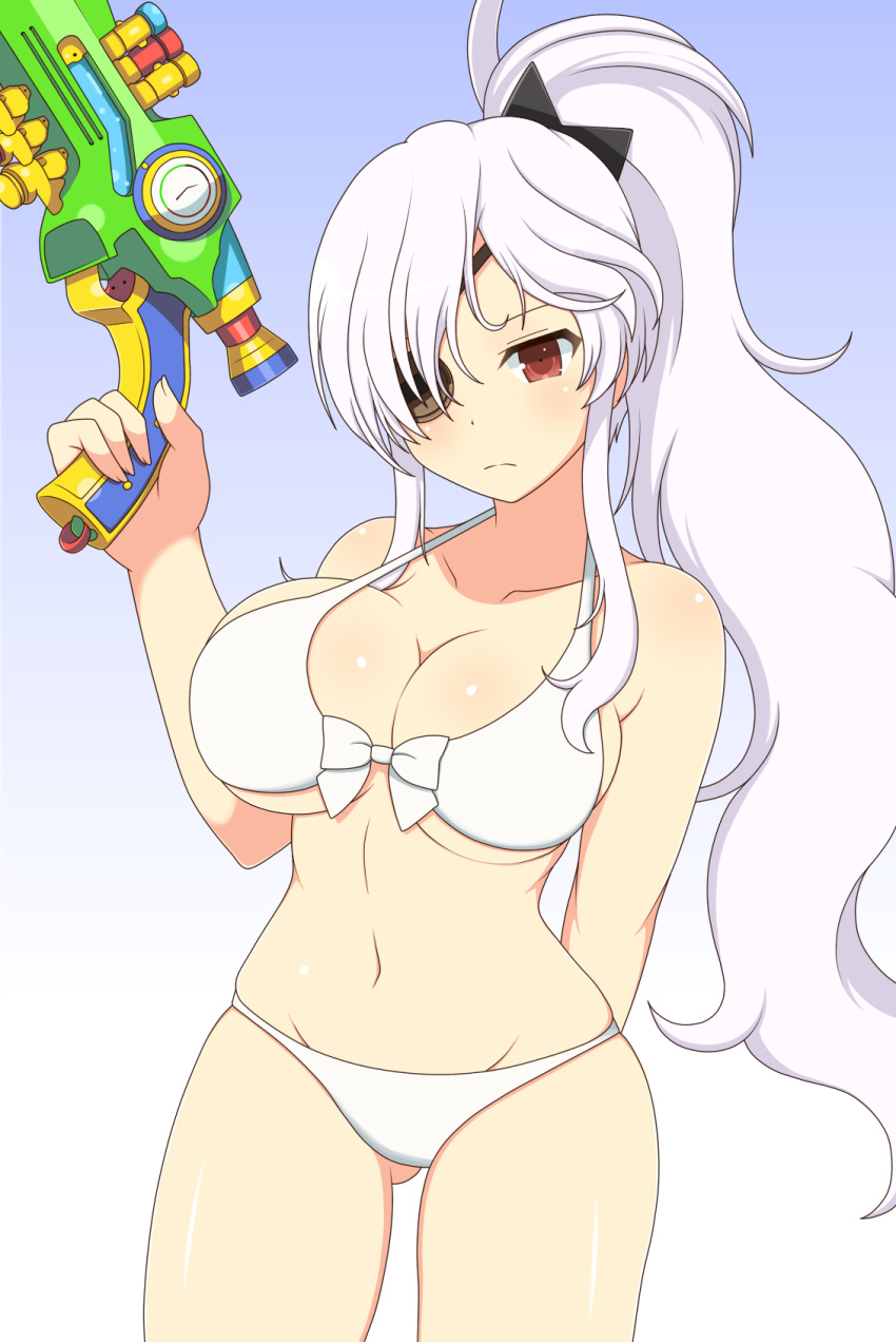 1girls arms_behind_back bikini eyepatch female front-tie_bikini front_view gradient_background gun hair_over_one_eye ichiryuu_tsumiki large_breasts light-skinned_female light_skin looking_at_viewer ponytail red_eyes senran_kagura senran_kagura_peach_beach_splash simple_background solo standing very_long_hair water_gun weapon white_hair yagyuu_(senran_kagura)