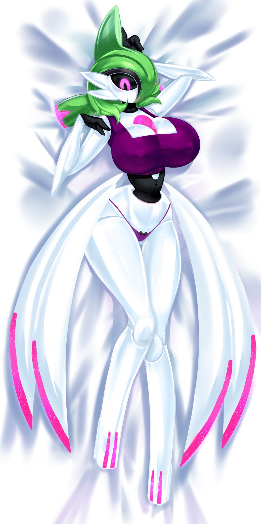 2025 absurd_res big_breasts bimboaudino black_body blush breasts camel_toe clothed clothing female future_pokemon generation_9_pokemon genital_outline green_body green_hair hair hi_res humanoid iron_valiant looking_at_viewer lying mouthless multicolored_body nintendo on_back paradox_pokemon pokemon pokemon_(species) purple_clothing purple_eyes purple_thong purple_topwear purple_underwear pussy skimpy solo thong topwear underwear vulva_outline white_body white_clothing white_thong white_underwear wide_hips