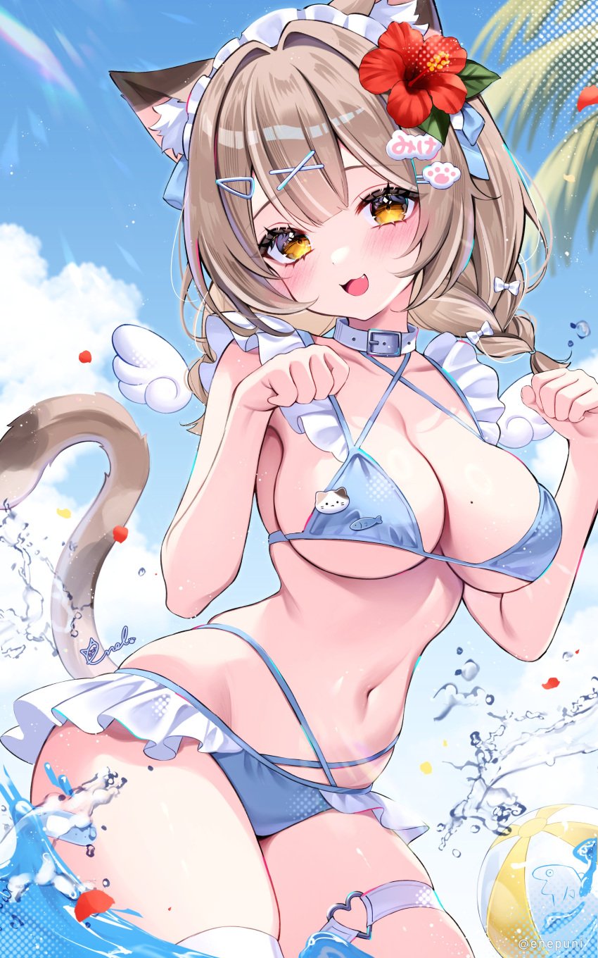 :d bikini blue_bikini blush braids cat_ears cat_tail catgirl fang flower_in_hair hair_ornament large_breasts medium_hair mole_on_breast partially_submerged paw_pose signature yellow_eyes