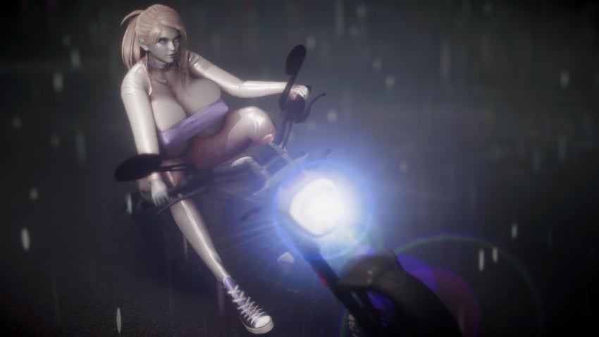 android bandeau bandeau_bikini bodysuit cybertechdolls fourth_(cybertechdolls) grey_body grey_skin gynoid huge_breasts large_breasts motorcycle night ponytail purple_eyes rain raining thin_waist white_hair
