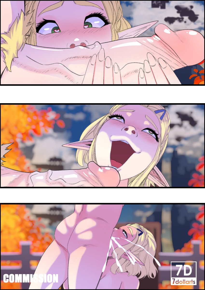 1boy 1girls 7dollarts absurdres blonde_hair blonde_pubic_hair blush_lines completely_nude cum cum_in_mouth deepthroat elf_ears fellatio female hairclip heart-shaped_pupils highres kpop_demon_hunters light-skinned_female light-skinned_male link male meme nude open_mouth oral outdoors penis_awe princess_zelda rumi_sniffing_gimbap scene_reference short_hair sniffing sniffing_penis the_legend_of_zelda the_legend_of_zelda:_tears_of_the_kingdom upper_body veiny_penis