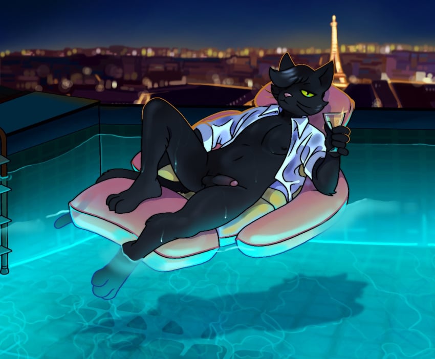 adam_baume_(posspowered) alcohol anthro balls beverage black_body black_hair clothed clothing eiffel_tower felid feline france garbatge genitals green_sclera hair lying male male_only mammal open_clothing open_shirt open_topwear penis pool pool_float shirt solo topwear wet
