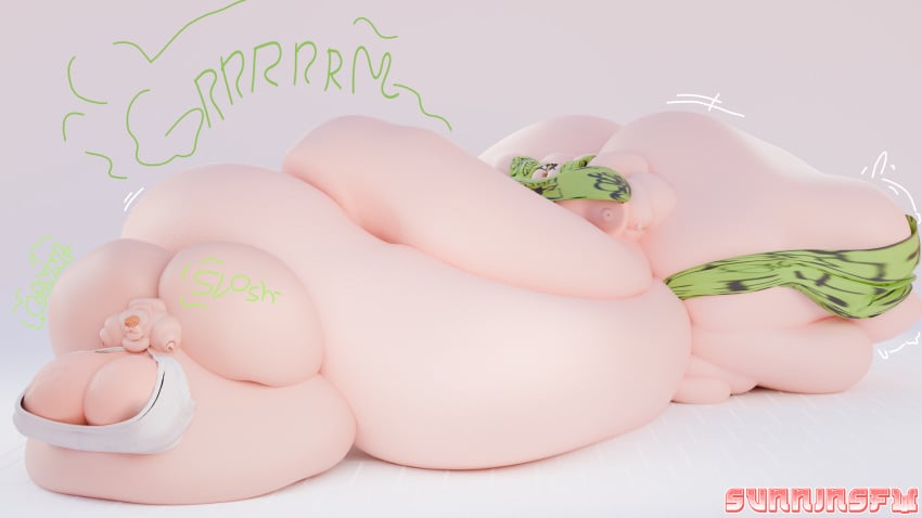 3d afro billie_eilish billie_eilish_(fortnite) blob blobs burger dominant_blob fat fat_ass green_hair ice_spice ice_spice_(fortnite) onomatopoeia orange_hair partially_clothed size_comparison space_buns stomach_noises sunninsfw ussbbw