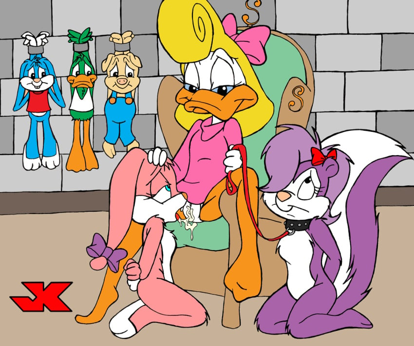 3girls anthro babs_bunny black_eyes blonde_hair bondage buster_bunny collar duck female fifi_la_fume fur furry hamton_j_pig jk leash loon male mammal multiple_females multiple_males nude pig plucky_duck rabbit shirley_the_loon skunk soft_feathers tiny_toon_adventures uncensored yuri