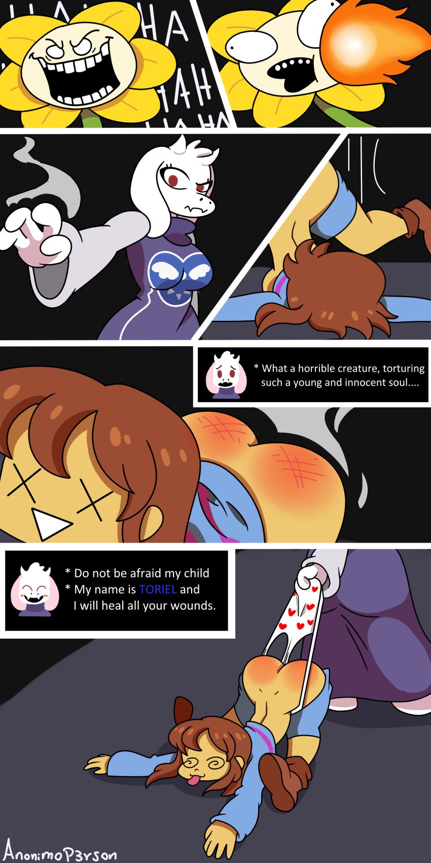 absurd_res anonimop3rson female flowey_the_flower frisk frisk_(undertale) spiral_eyes toby_fox toriel undertale undertale_(series) wedgie wedgie_fetish wedgies wedgietale
