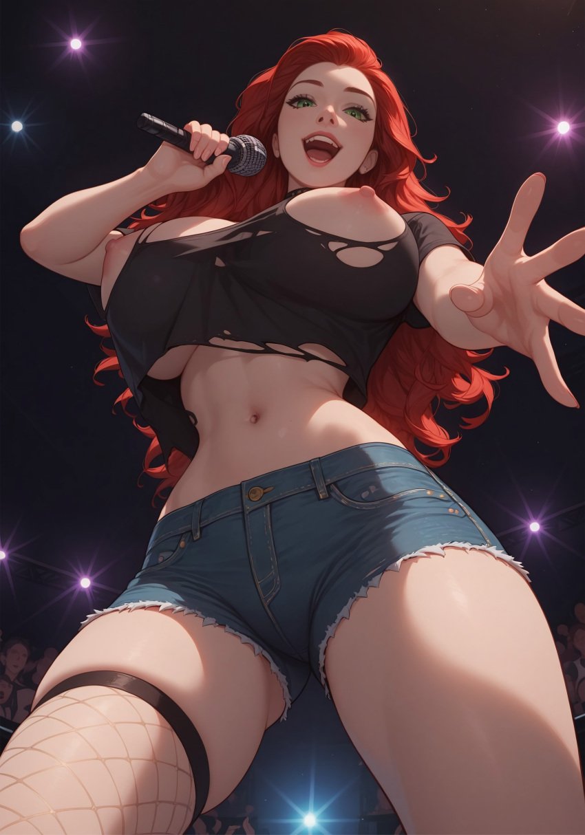 ai_generated concert fishnet_legwear green_eyes jean_shorts large_breasts microphone morgan_bewick nipples nipples_visible_through_clothing reaching_towards_viewer red_hair ripped_clothing ripped_shirt smile thigh_squish