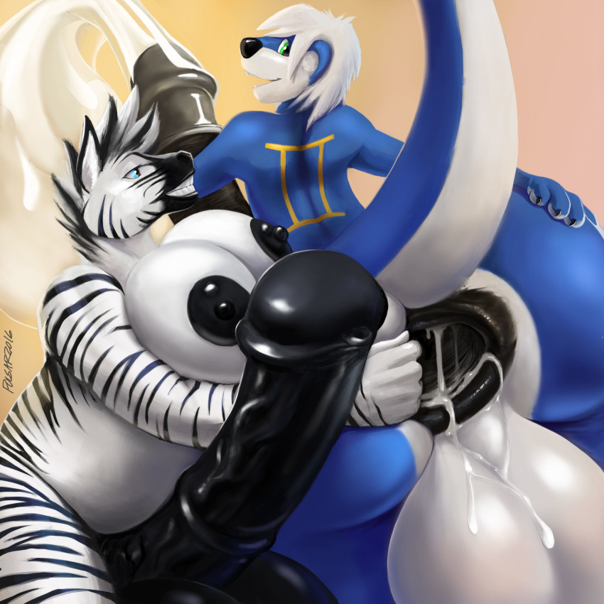 1boy 1futa areolae bimbo condom condom_filling cum_in_ass excessive_cum furry futa_on_male futanari huge_balls huge_breasts huge_cock intersex pulsar vault_suit zebra