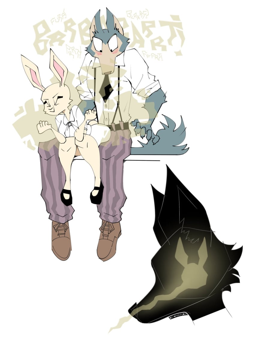 2021 3:4 absurd_res anthro beastars blush canid canine canis detonassion domestic_rabbit duo dwarf_rabbit fart fart_cloud fart_fetish fart_sniffing female haru_(beastars) hi_res lagomorph larger_male legoshi_(beastars) leporid male male/female mammal on_lap oryctolagus rabbit simple_background sitting_on_lap size_difference smaller_female sniffing surprise visible_sniffing white_background wolf