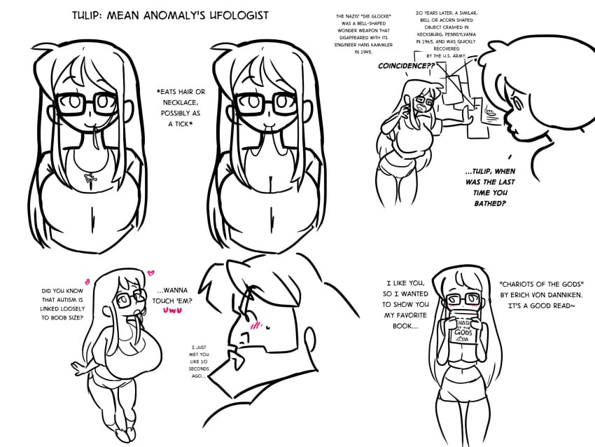 asking_to_be_touched autism autistic autistic_female averted_gaze bangs bear beard big_breasts big_male bimbo blush bootyshorts character_building character_profile chewing chewing_on_hair chewing_on_necklace conspiracy conspiracy_theory cute dckiq female flirty glasses heart hearts_around_head hector_(dckiq) hiding_behind_book hiding_behind_object himbo i_just_met_you implied_dirty implied_stinky implied_unwashed just_met large_male limited_color limited_palette long_hair looking_up looking_up_at_another looking_up_at_viewer male necklace offering_breasts shorts shy skimpy skinny skinny_female skinny_girl tall_male tanktop text text_heavy tulip_(dckiq) ufologist unbathed uwu wants_to_be_touched