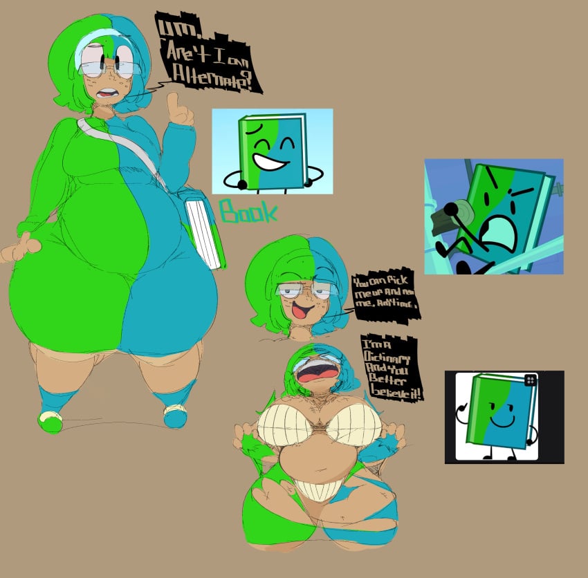 1girls battle_for_dream_island belly blue_hair book_(bfdi) bra breasts chubby chubby_female cleavage dark-skinned_female dark_skin dress english_text fat female female_focus female_only glasses green_hair hairband hips large_breasts object_shows ponk reference_image ripping_clothing stomach tan_body text thick_thighs thighs underwear wide_hips