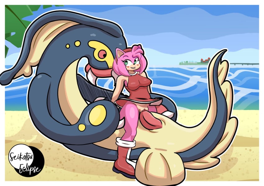 1girl1boy 1girls amy_rose artist_signature beach biting_lip biting_own_lip blush boots cowgirl_position crossover dress dress_lift eelektross female furry furry_female generation_5_pokemon green_eyes headband hedgehog_girl male ocean penetration penis pink_body pink_hair pokemon pokemon_(species) pokephilia red_dress red_eyes seikatsueclipse sex size_difference sonic_(series) sonic_the_hedgehog_(series) teeth vaginal_penetration