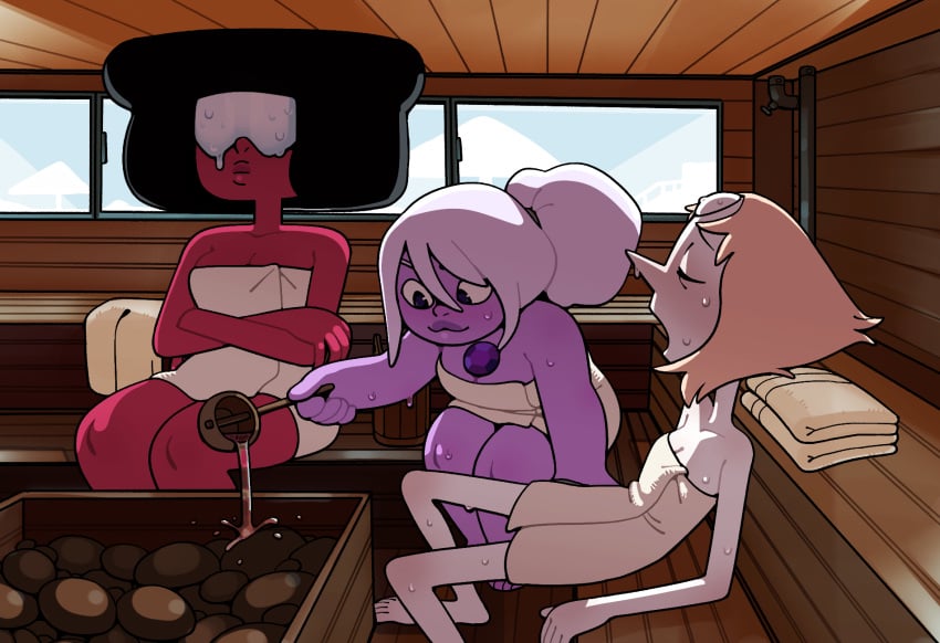 3girls amethyst_(steven_universe) black_hair cartoon_network cream_hair discount-supervillain garnet_(steven_universe) gem_(species) light_skin pearl_(steven_universe) purple_skin red_skin sauna steven_universe sweating towel towel_wrap white_hair